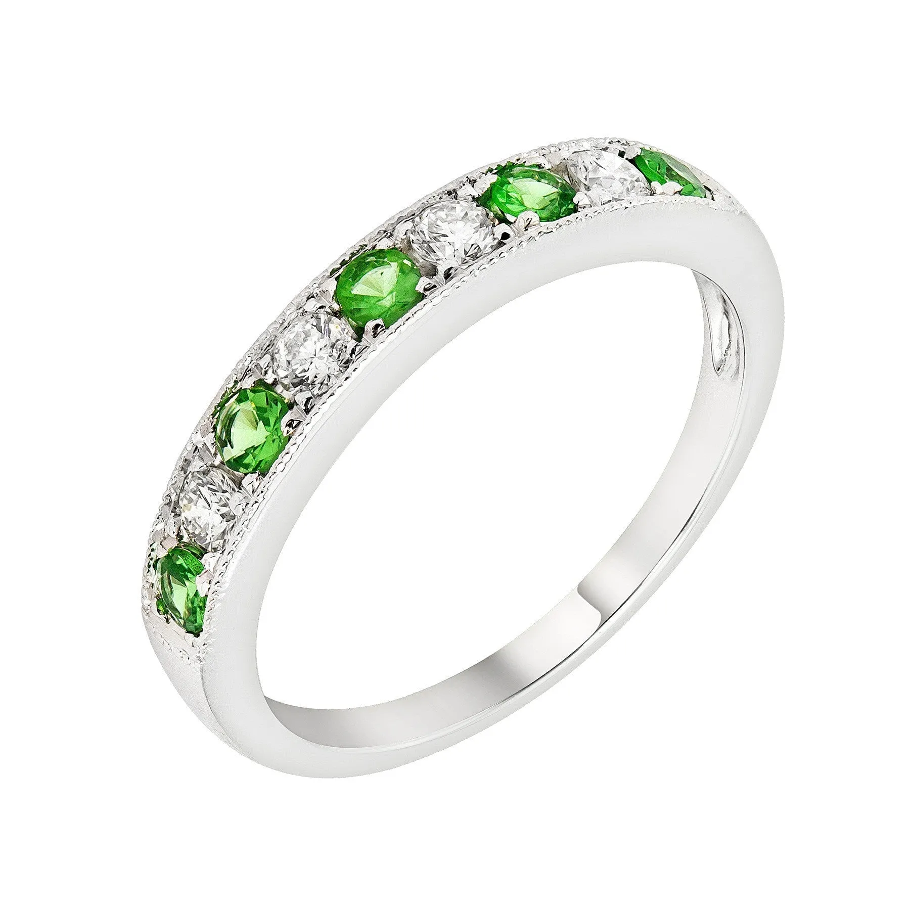 14k White Gold Emerald & Diamond Wedding Band