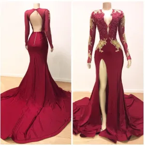 2025 Sexy Sheath Long Sleeves Burgundy and Gold Appliques Side Slit Deep V Neck African American Backless Prom Dresses