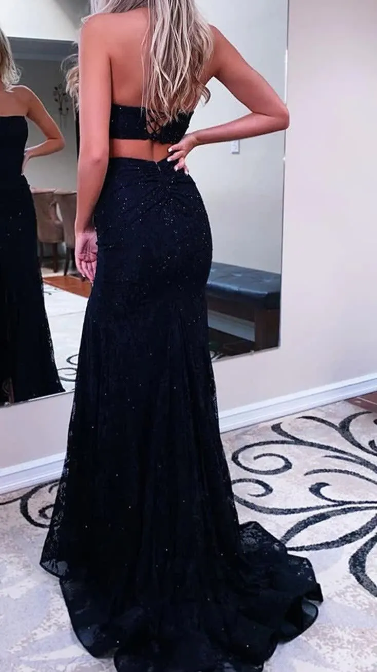 Black Sparkly Strapless Long Sheath Prom Dress with Slit Formal Evening Dresses