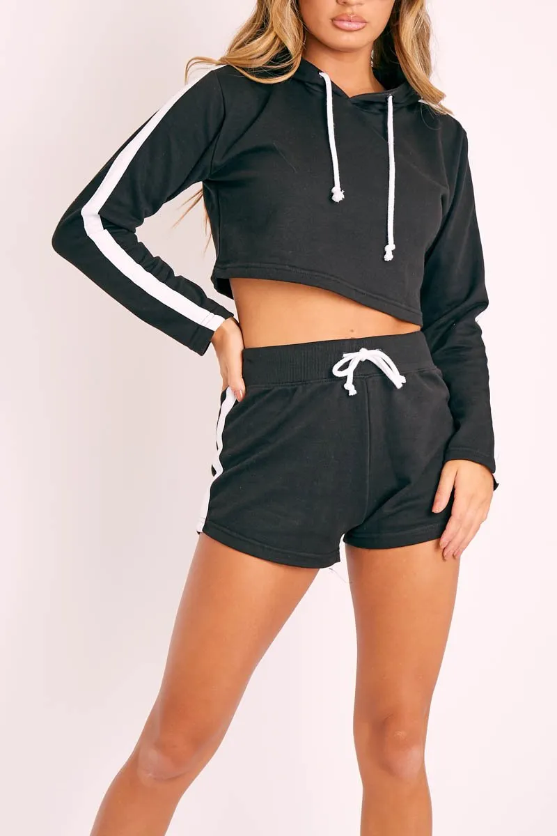 Black White Stripe Cropped Hoodie and Shorts Loungewear Co-ord - Dariella