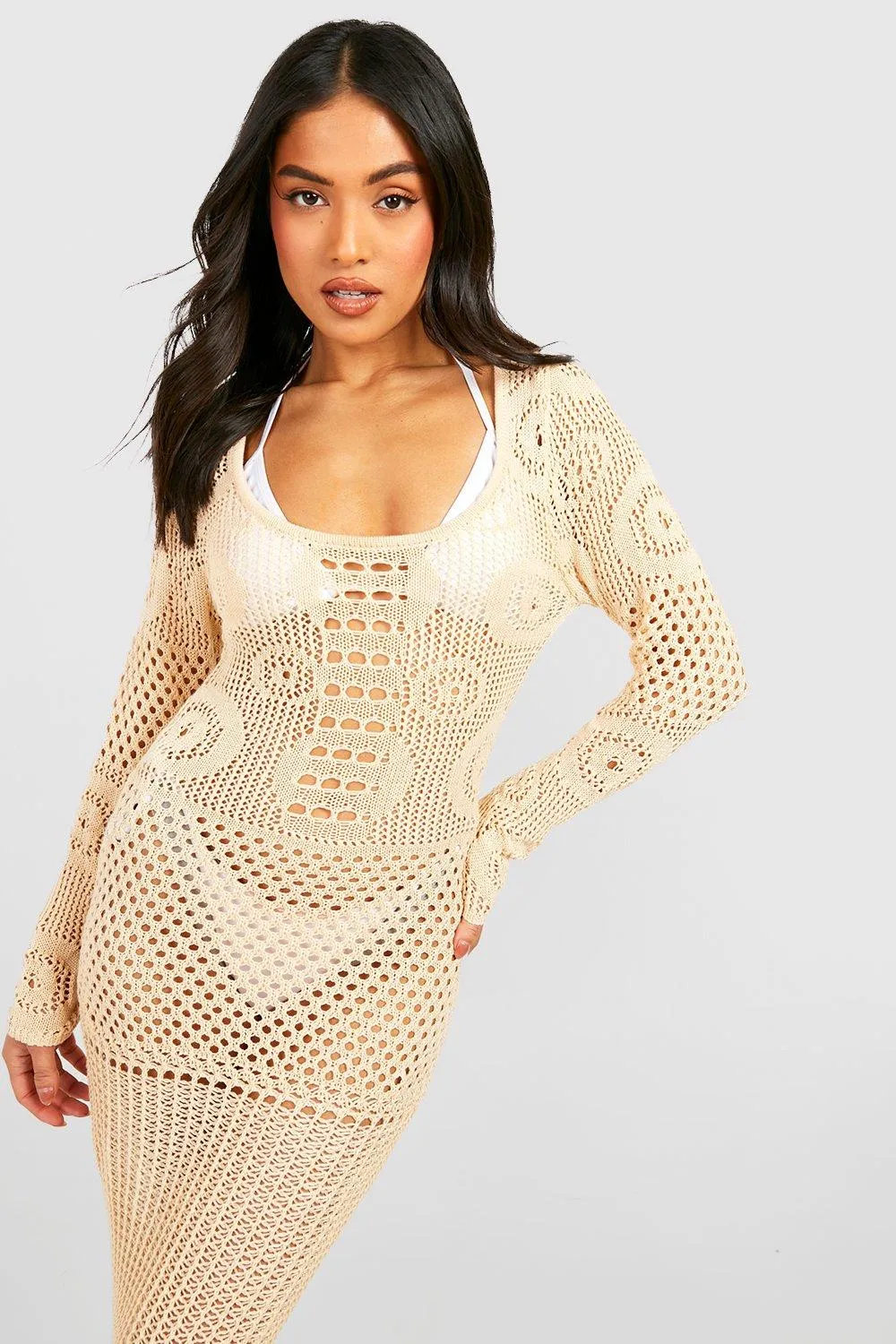 Boohoo Upcycled Crochet Maxi Dress, Gray
