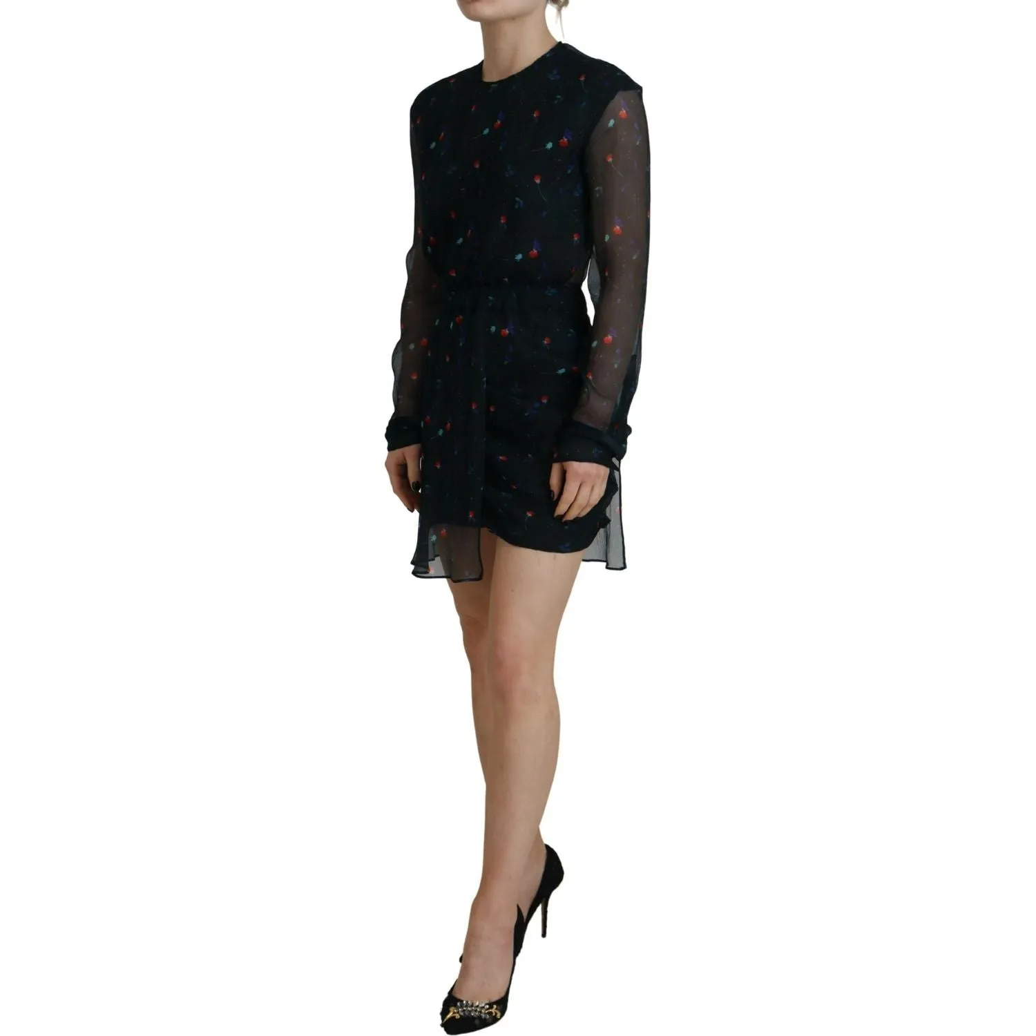 Dsquared² Black Floral Silk Long Sleeves Sheath Mini Dress