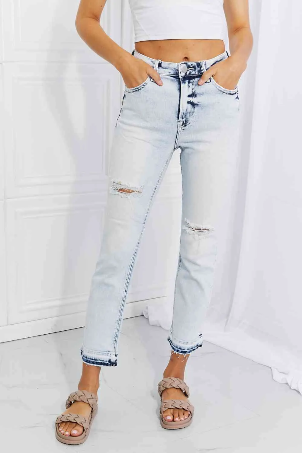 Full Size Camille Acid Wash Crop Straight Jeans