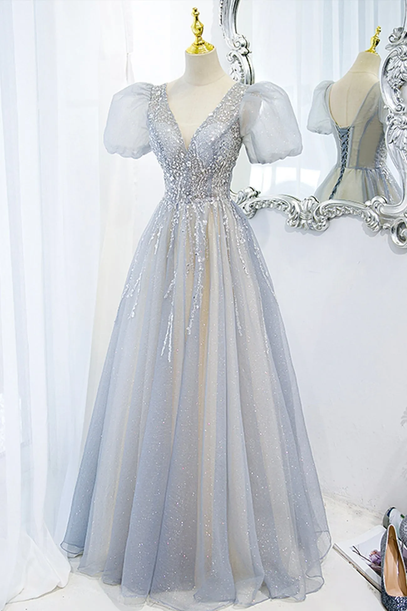 Gray Tulle Beading Long Prom Dresses A-Line Short Sleeve Formal Evening Dresses