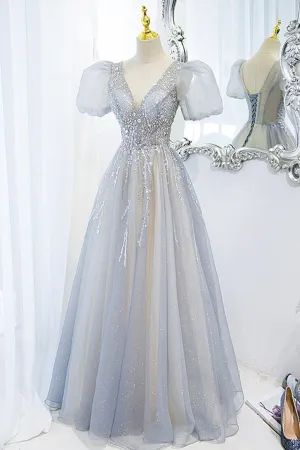 Gray Tulle Beading Long Prom Dresses A-Line Short Sleeve Formal Evening Dresses