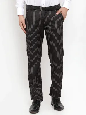 Men'S Black Cotton Striped Formal Trousers