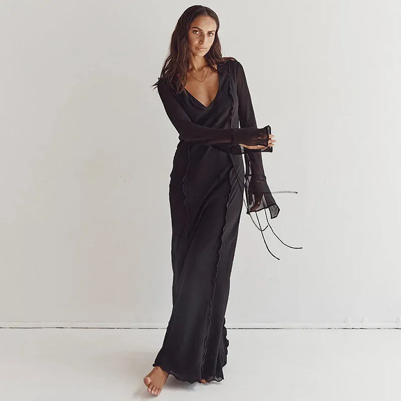 Mesh Transparent Flare Sleeve Cover-Ups Maxi Dress