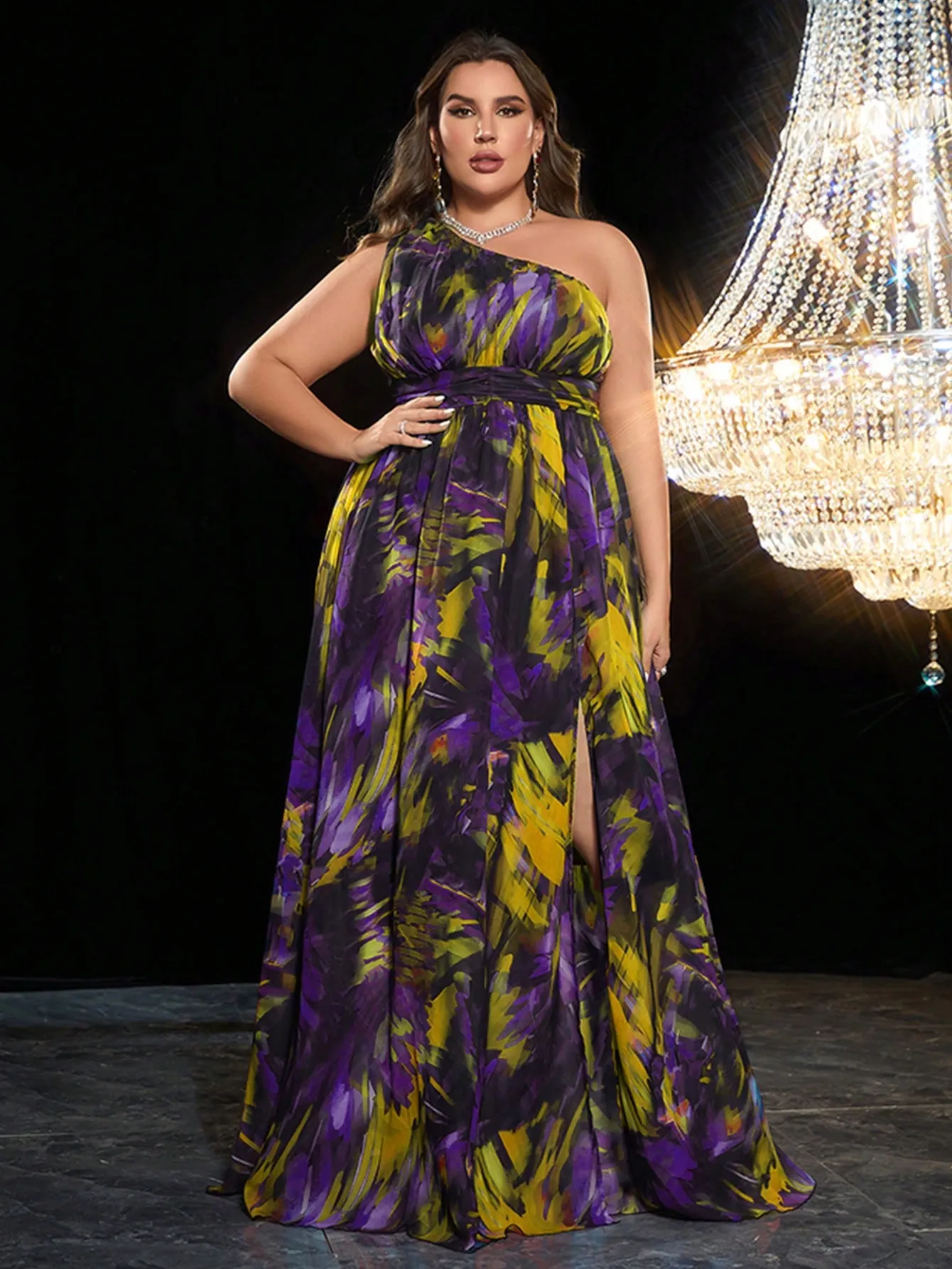 Plus Size Printed One Shoulder And Split At The Thigh Chiffon Dress