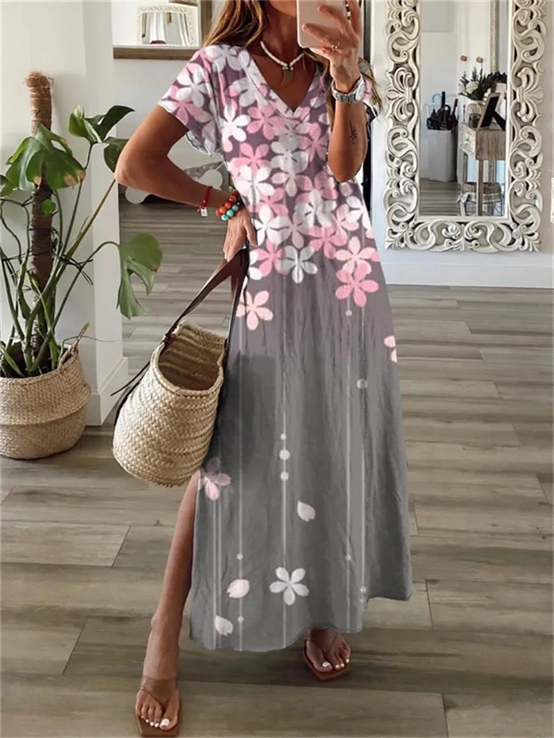 Printed V-Neck Short Sleeve Slit Dress