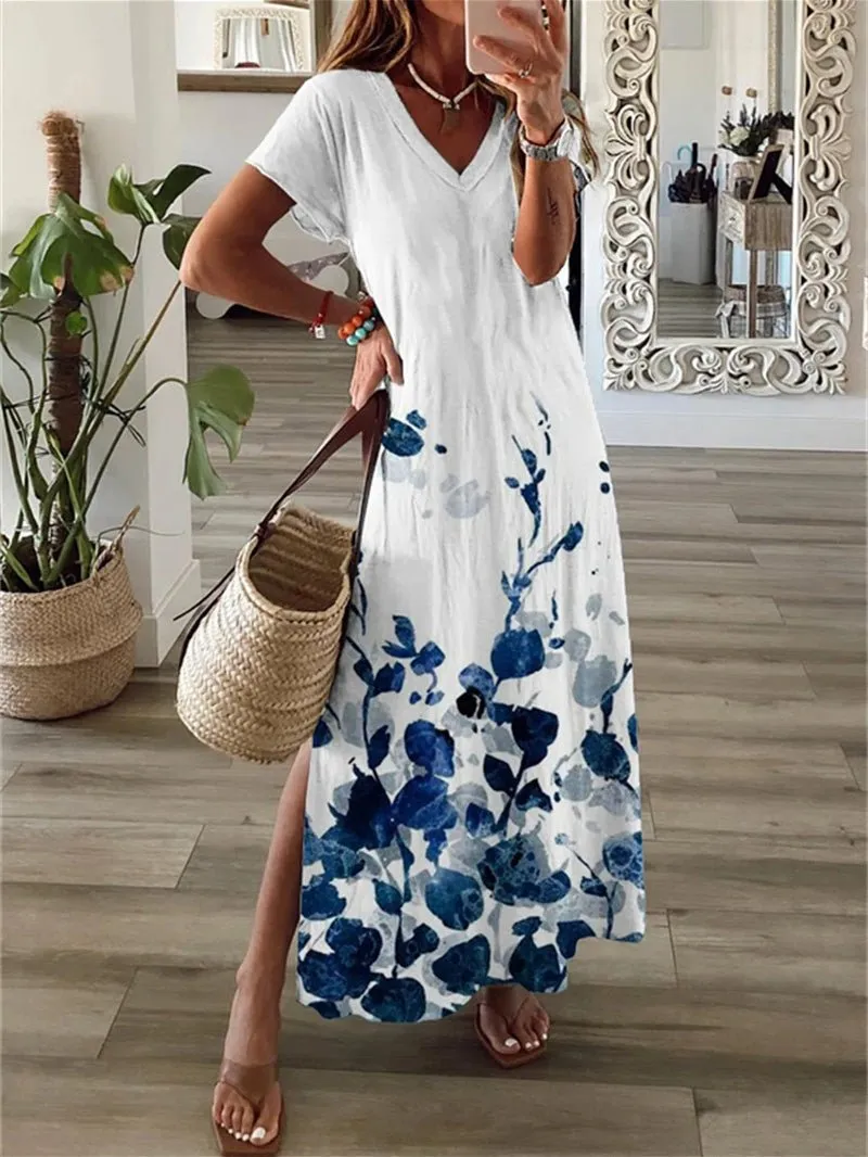 Printed V-Neck Short Sleeve Slit Dress