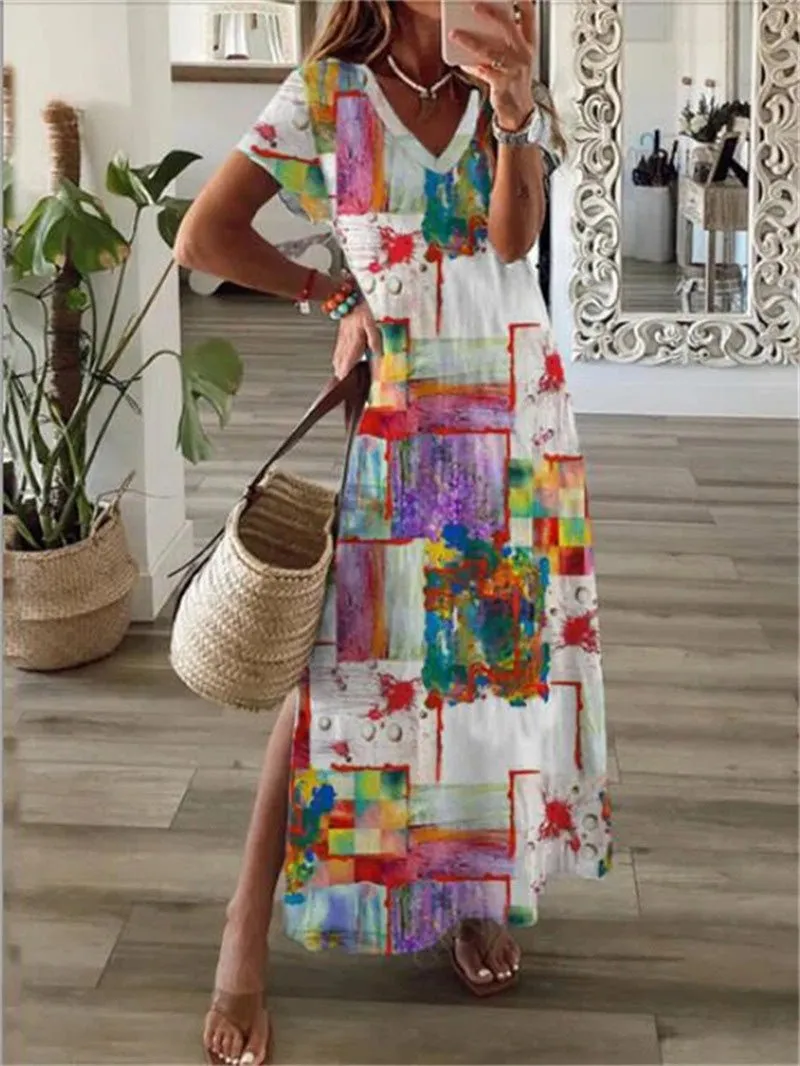 Printed V-Neck Short Sleeve Slit Dress