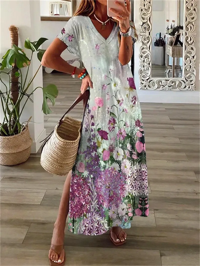 Printed V-Neck Short Sleeve Slit Dress