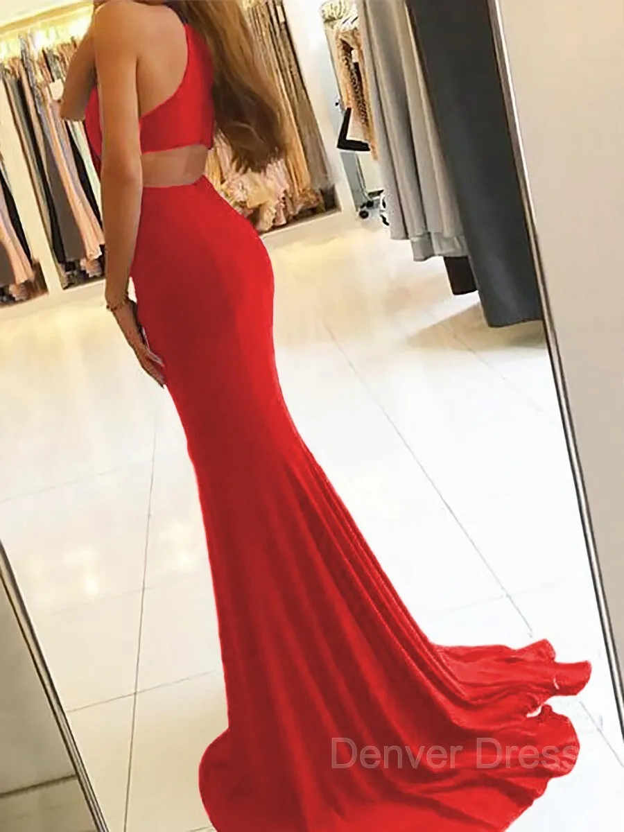 Sheath Halter Sweep Train Jersey Prom Dresses With Leg Slit