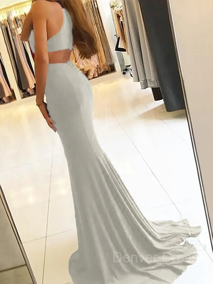 Sheath Halter Sweep Train Jersey Prom Dresses With Leg Slit