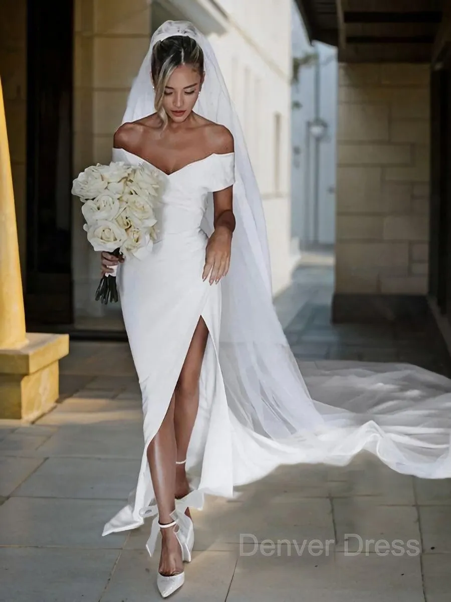 Sheath Off-the-Shoulder Chapel Train Charmeuse Wedding Dresses With Leg Slit