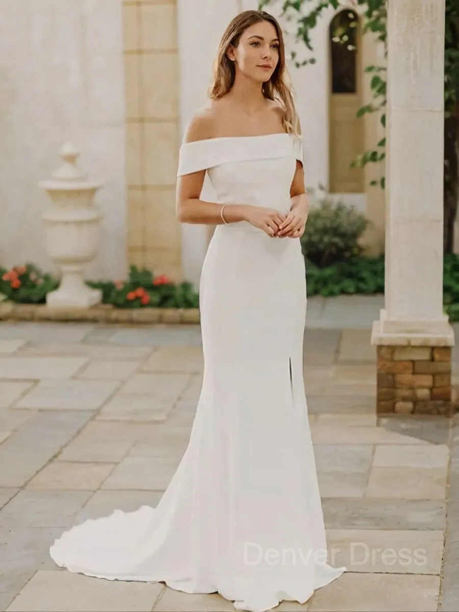 Sheath Off-the-Shoulder Sweep Train Stretch Crepe Wedding Dresses With Leg Slit