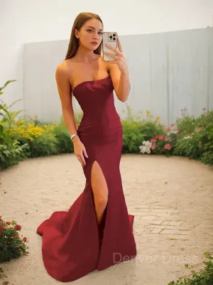 Sheath Strapless Sweep Train Stretch Crepe Evening Dresses With Leg Slit