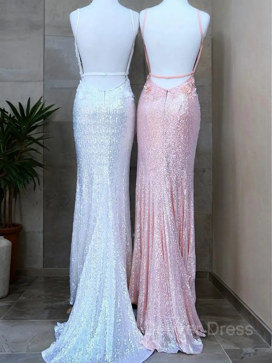 Sheath V-neck Sweep Train Sequins Prom Dresses With Leg Slit