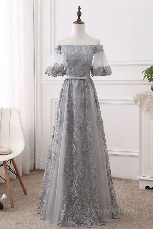 Short Sleeves Grey Lace Long Prom Dresses Short Sleeves Gray Lace Long Formal Evening Dresses