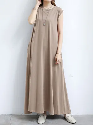 Simple Loose Sleeveless Solid Color Round-Neck Maxi Dresses