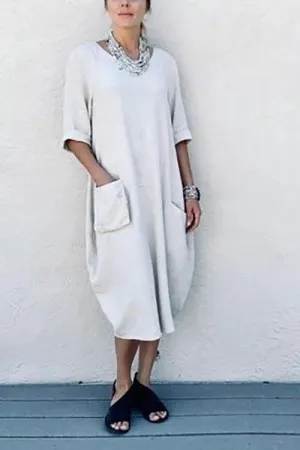 Solid V Neck Pockets Linen Maxi Dress