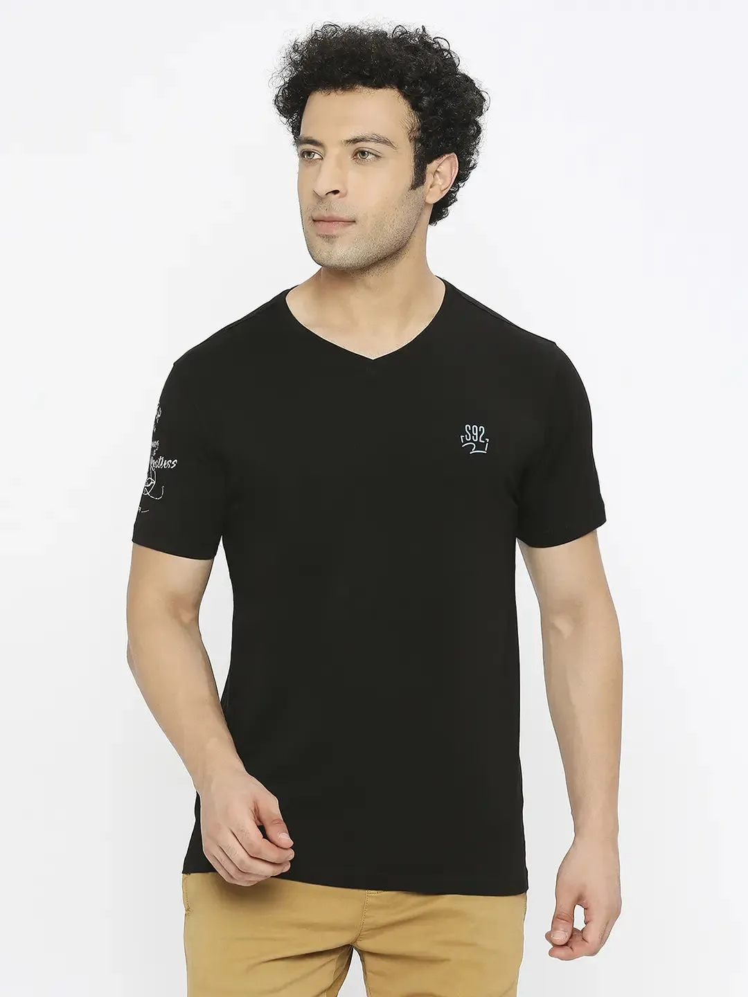 Spykar Men Black Cotton Regular Fit Half Sleeve Plain V-Neck Tshirt