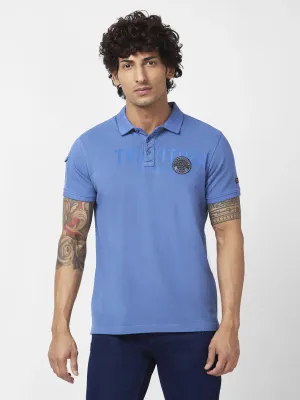 Spykar Men Haze Blue Cotton Slim Fit Half Sleeve Polo Neck Plain Tshirt