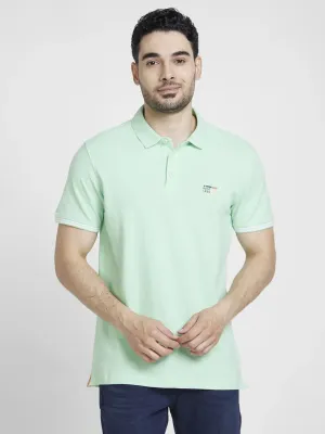 Spykar Men Mint Green Cotton Slim Fit Plain Polo Tshirt