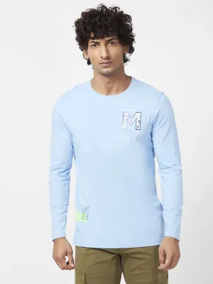 Spykar Men Powder Blue Blended Slim Fit Full Sleeve Round Neck Plain Tshirt