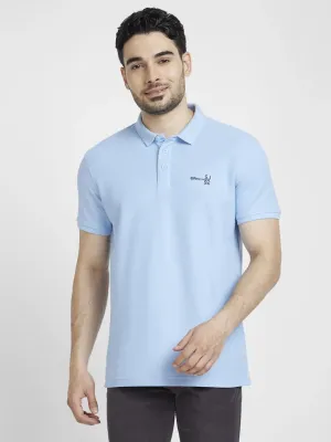 Spykar Men Powder Blue Cotton Slim Fit Plain Polo Tshirt