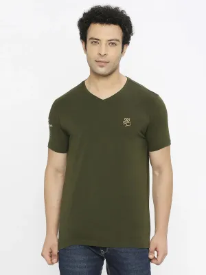 Spykar Men Rifle Green Cotton Regular Fit Half Sleeve Plain V-Neck Tshirt