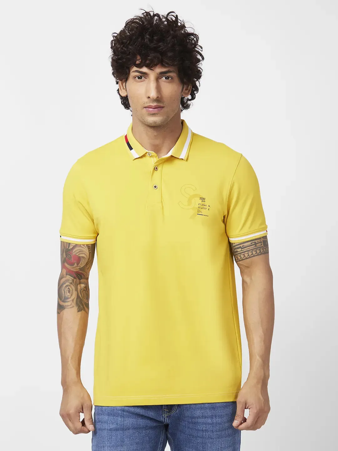 Spykar Men Sulphur Yellow Blended Slim Fit Half Sleeve Polo Neck Plain Tshirt