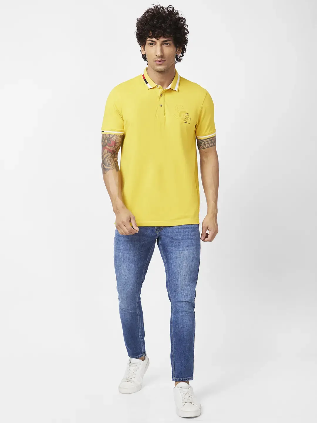 Spykar Men Sulphur Yellow Blended Slim Fit Half Sleeve Polo Neck Plain Tshirt