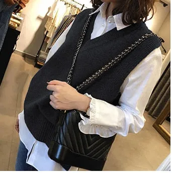 V neck Girls Pullover vest Autumn Winter short Knitted Sleeveless Warm Sweater