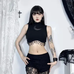 Vintage Sleeveless Through Sexy See Moon Crop Goth Lace Top