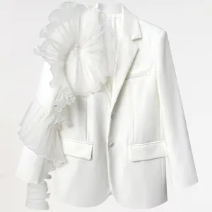 White Ruffle Embellished Pocket Blazer