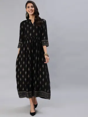 Women Black & Gold Printed Maxi Dress With Three Quarter Sleeves