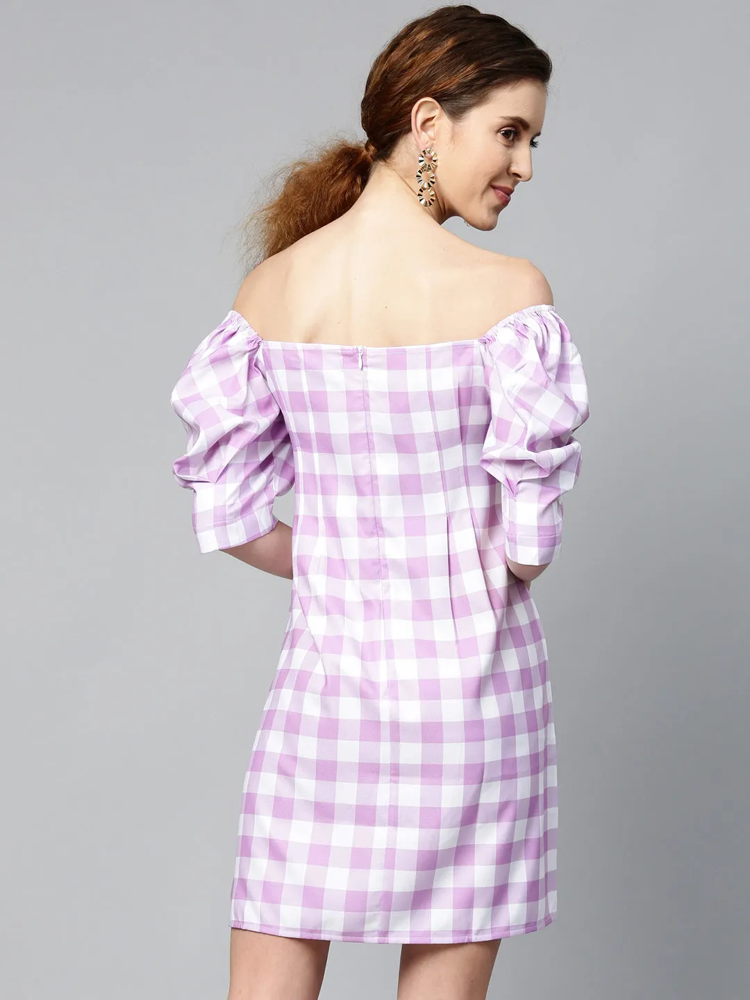 Women Lavender Check & White Puff Sleeve Shift Dress