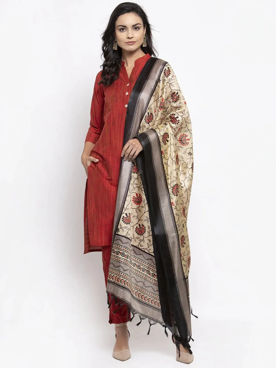 Women Red Self-Striped Kurta With Trousers & Art Silk Dupatta